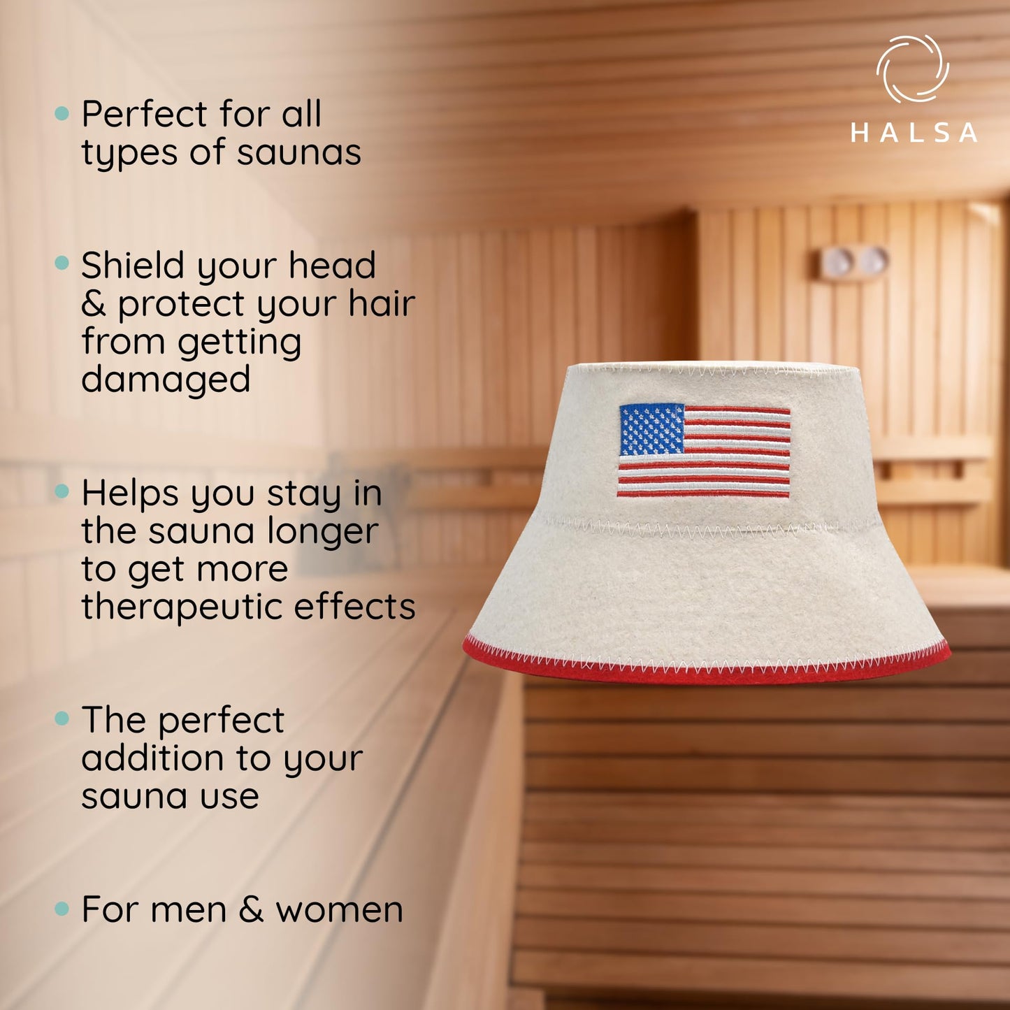 Halsa Sauna Hat, Natural Wool Sauna Cap for Men and Women, USA Flag, Eco-Friendly Insulating Headgear for Spa, Steam Room, Banya, Bathhouse - Comfortable, Breathable, Handmade - One Size Fits All