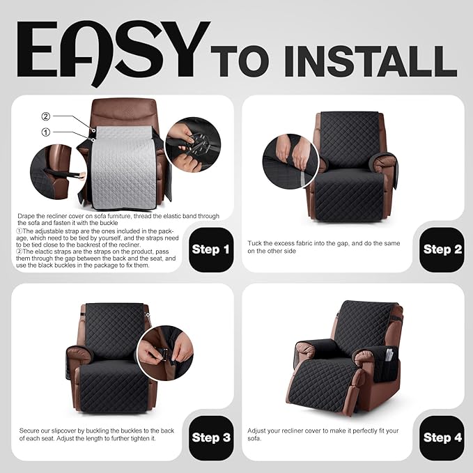 KinCam 100% Waterproof Recliner Chair Cover, Reclining Couch Covers for Pets, Dogs, Recliner Couch Slipcover Furniture Protector with Elastic Straps for Kids(25", Black)