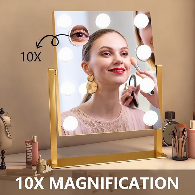Gold Hollywood Vanity Mirror with Lights, 9 Dimmable Bulbs, 3 Color Lights,Make Up Lighted Mirror, 10x Magnification 360°Rotation(12" x 14")
