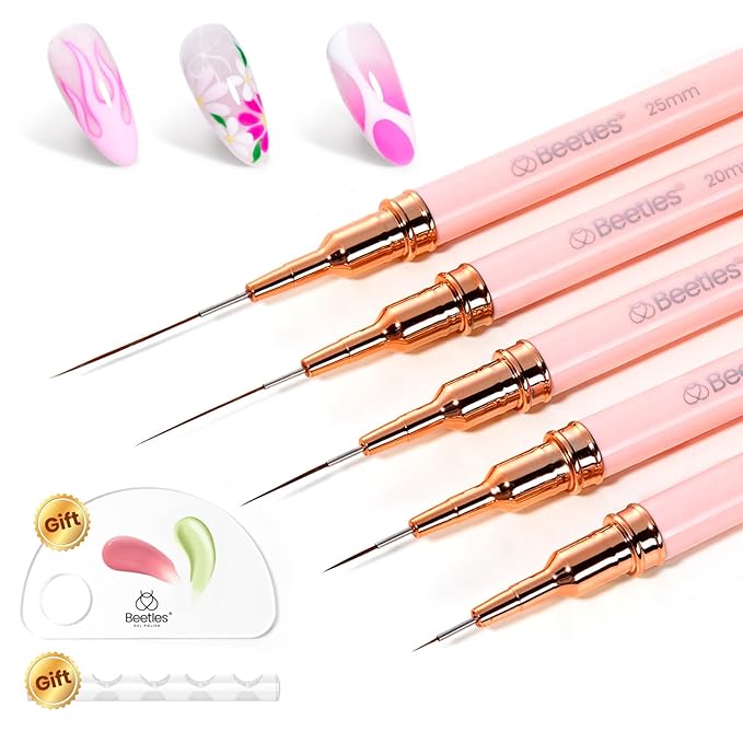 Beetles Gel Polish Nail Art Pens, 5pcs Nail Art Brushes Liner Brushes for Nails Pink Liner Sizes 5/9/15/20/25mm with Palette Holder Painting Manicure Design Tools for Long Lines, Details, Fine Drawing