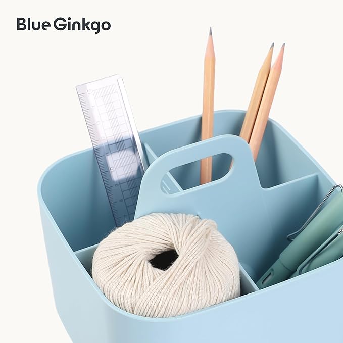 BLUE GINKGO Small Stackable Organizer Caddy – Korean-Made Portable Tote for Bathroom, Office, Crafts, or School Supplies (Square, Blue)