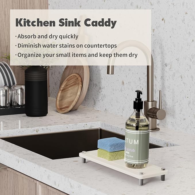Kitchen Sink Caddy Water Absorbing Stone Tray For Sink, Diatomite Bathroom Countertop Tray Organizer, Faucet Stone Drying Mat Coaster Soap Dish Sponge Dispenser Holder (White)