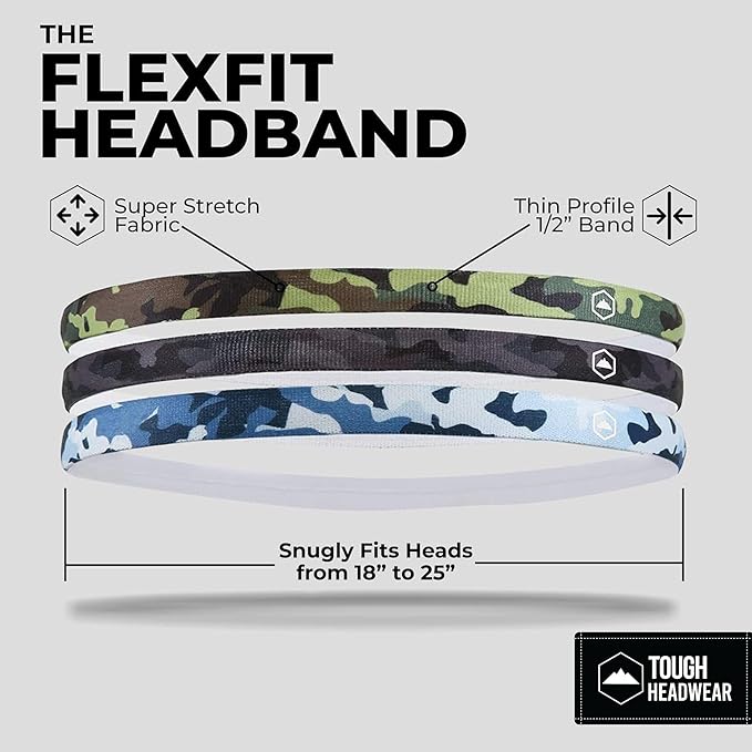 Tough Headwear Thin Elastic Headbands - Sports Headbands for Women & Men - Mens Workout Headband - Running or Soccer Headband