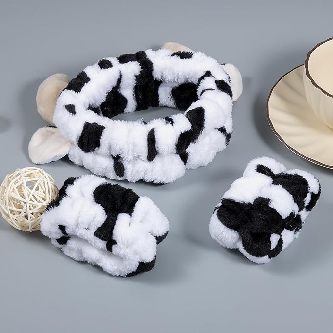 Plush Wash Face Headband Cow Print Spa Wrist Band Cuffs Hair Scrunchy Women Girls Facial Makeup Skincare Bath Head Wrap Kids Costume Party Supply Birthday Gift