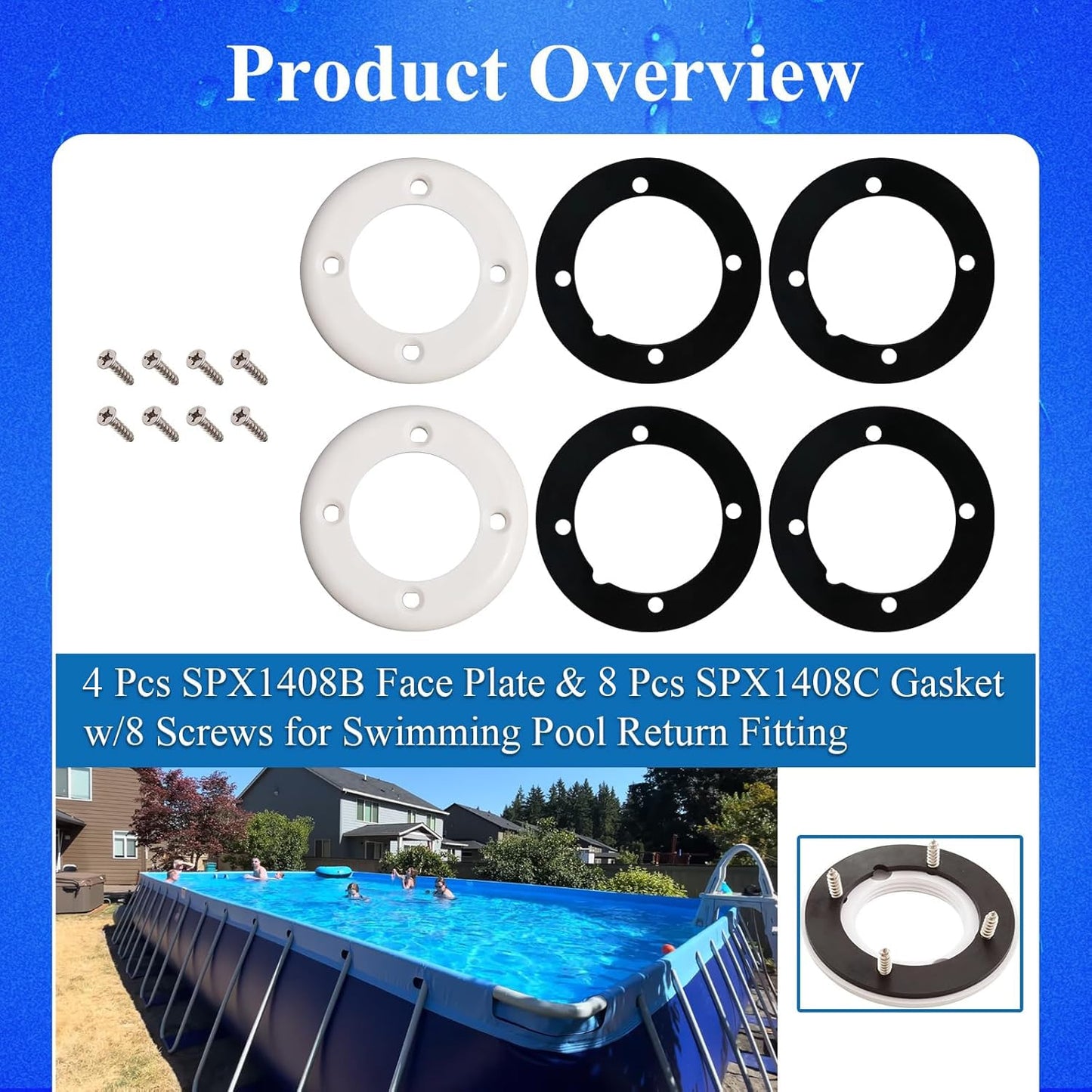 SPX1408B Face Plate & SPX1408C Gasket Compatible with Hayward Pool SP1408 SP1411, SP14071 Inlet Return Wall Fitting Kit,Vinyl Swimming Pool Return Wall Fitting Kit W/4 Face Plates, 8 Gaskets,16 Screws