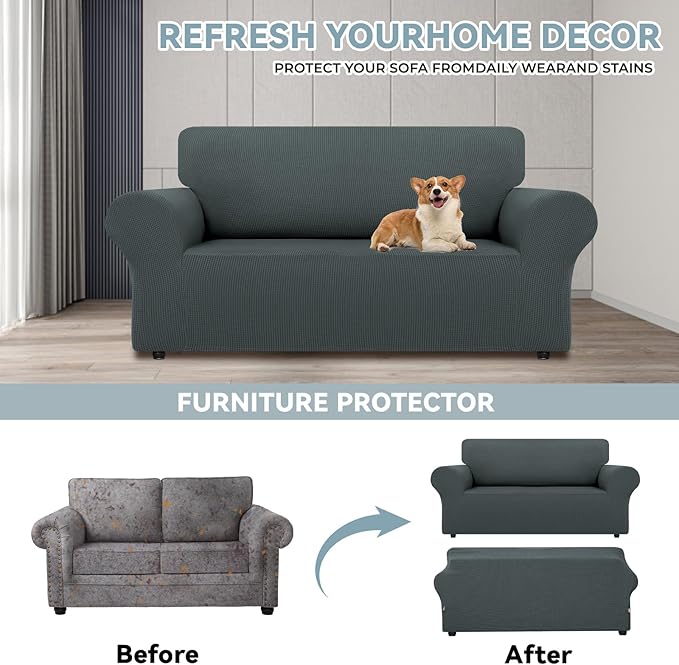 LURKA Stretch Loveseat Sofa Slipcovers 1 Piece Couch Covers for Sofa Furniture Protector Full Sofa Covers with Elastic Bottom for Kids and Dog (Medium, Grey)
