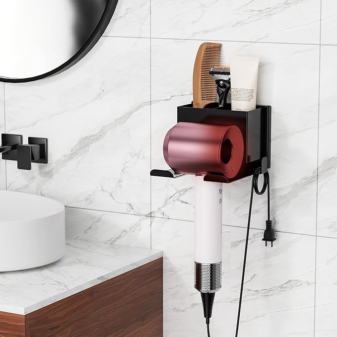 YSD Hair Dryer Holder Wall Mounted, Hair Tool Organizer, Blow Dryer Hanger for Dryer Hook, Bathroom Space-Saving Blow Dryer Organizer, Black Curling Irons Storage