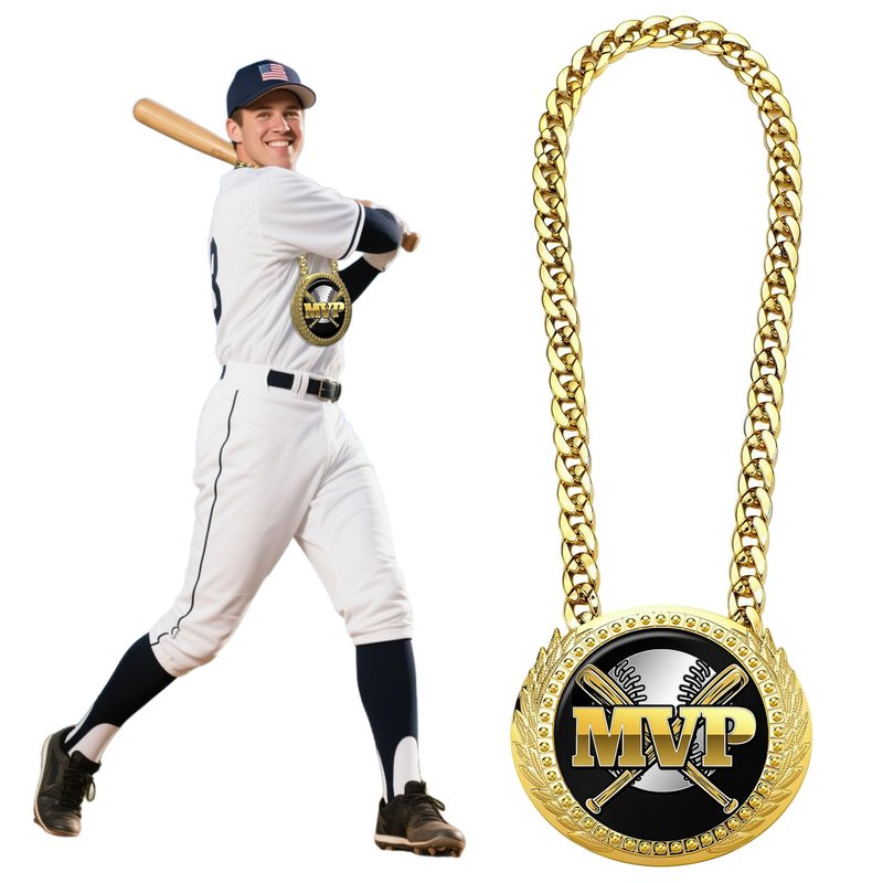 Goutoports Baseball Chain MVP Medal Award – 6" Oversized Gold Turnover Chain Trophy Necklace Prize for Team Champion, Little League, Youth Baseball, Tournament Winner, Banquets Party Gifts