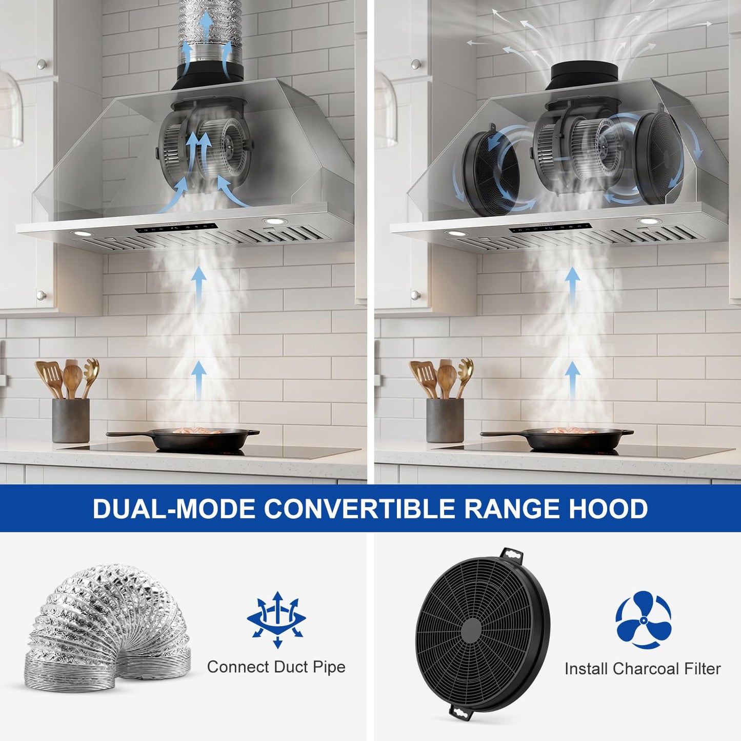 VENFAN 30 Inch Insert Range Hood, 1200 CFM DC Motor Kitchen Vent Hood with Gesture Sensing & Touch Control, Ducted/Ductless Convertible Built-in Range Hood, Stainless Steel