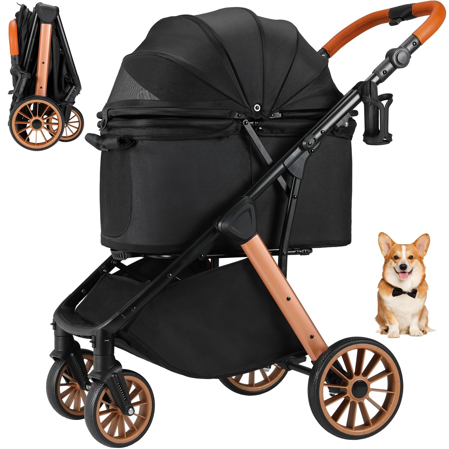 MAMIZO Foldable Dog Stroller for Medium Dogs Cats Up to 33 Lbs, Adjustable Height Handle, Pet Stroller with Aluminum and Carbon Steel Frame, Sun Shades, Storage Basket & Shock Absorbers, All-Terrain