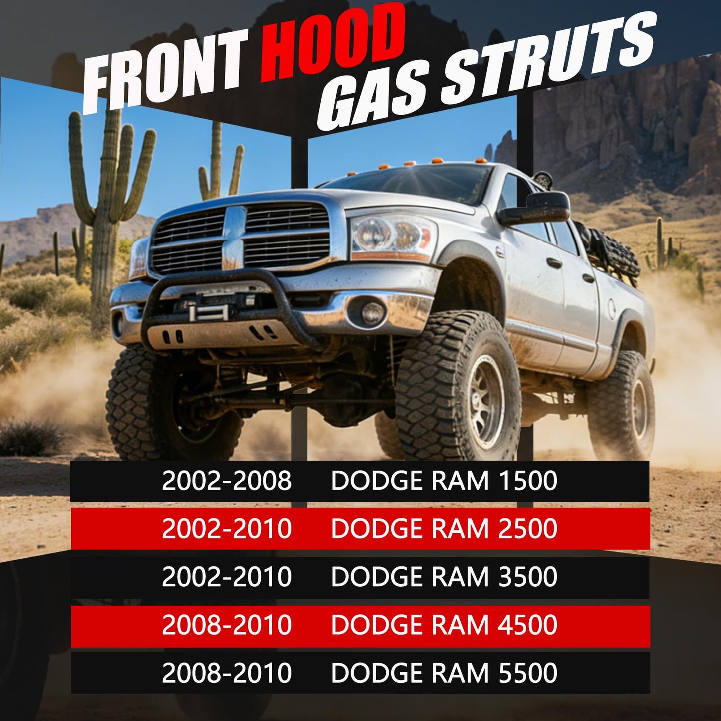 Vepagoo Front Hood Gas Struts Shocks for 2002-2010 Dodge Ram 1500/2500/ 3500/4500/ 5500, 4364 Bonnet Lift Support for Dodge Ram 2002 2003 2004 2005 2006 2007 2008 2009 2010, 2pcs
