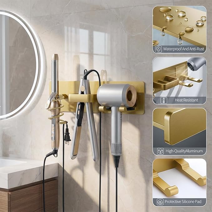 Blow Dryer Holder Wall Mount, 3 in 1 Bathroom Hair Tool Organizer with Curling Iron Holder & Flat Iron Holder, Universal Hair Dryer Holder Rack Storage (Champagne Gold)