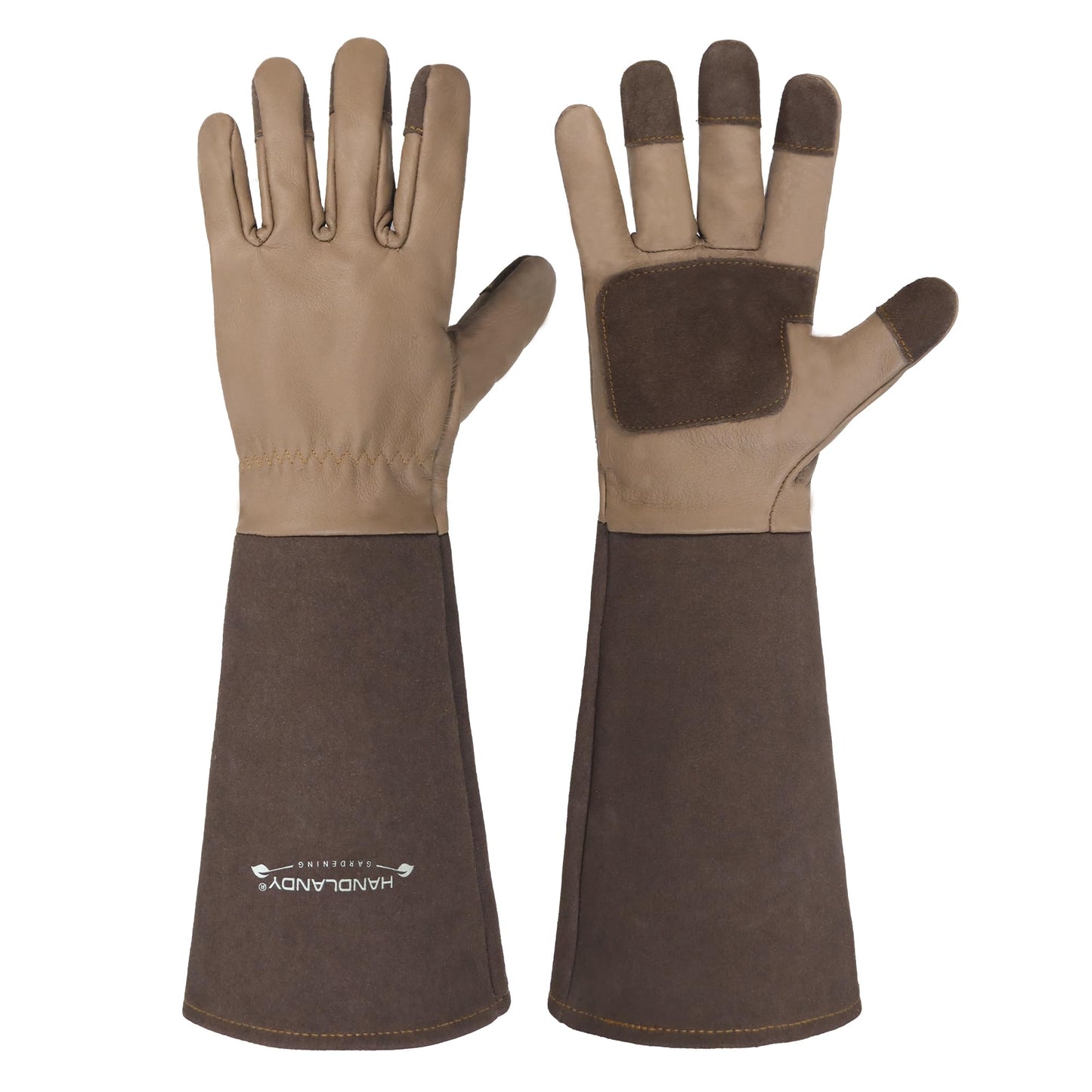 HANDLANDY Long Gardening Gloves for Men & Women, Cowhide Leather Rose Pruning Gloves- Breathable & Durable Gauntlet Glove (Large, Brown)