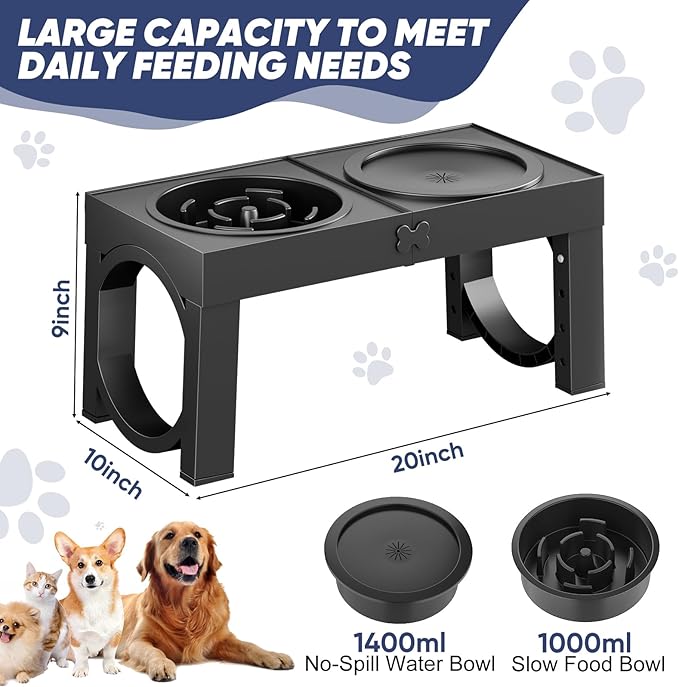 XIAZ Elevated Dog Bowls Large Breed Raised Dogs Bowl Stand Large/Medium Sized Dog Slow Feeder Dogs Bowls Food Water Stands 5 Heights Adjustable 9/11/12/14in Pet Feeder Dish Station