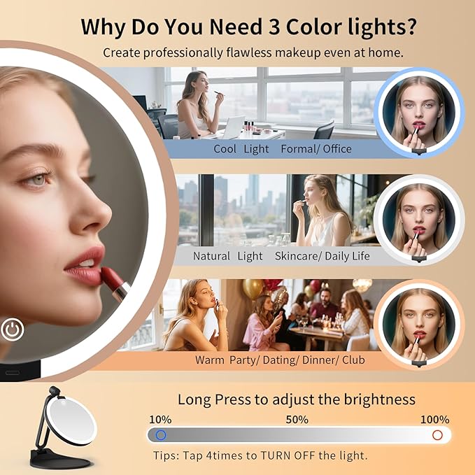 Magnifying Mirror with Light 10X/1X, Double Sided Travel Makeup Mirror with Lights and Magnification, Rechargeable 3 Colors Dimming Lighting, Large Size of 6inch, Foldable Design, 360°Angle Adjustable