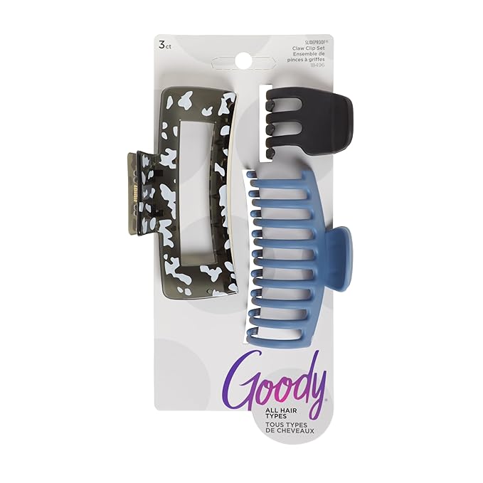 Goody SlideProof Rectangular Claw Clips, 3 Ct - 1 Small + 2 Large Claw Clips, Cool Tones, Styling Accessories with Secure Grip, Hair Accessories for Women & Men, For All Occasions, All Hair Types