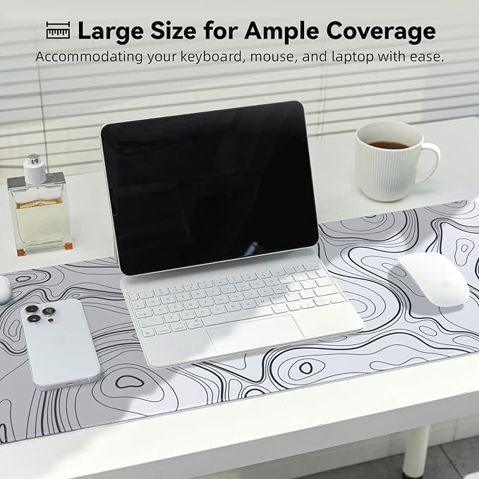 Waterproof Large Gaming Mouse Pad with Durable Stitched Edges, Non-Slip Rubber Base, Grainy Jacquard Mouse Mat Desk Pad for Home Office Gaming, 31.5''x11.8''x0.12'', Topographic Map White