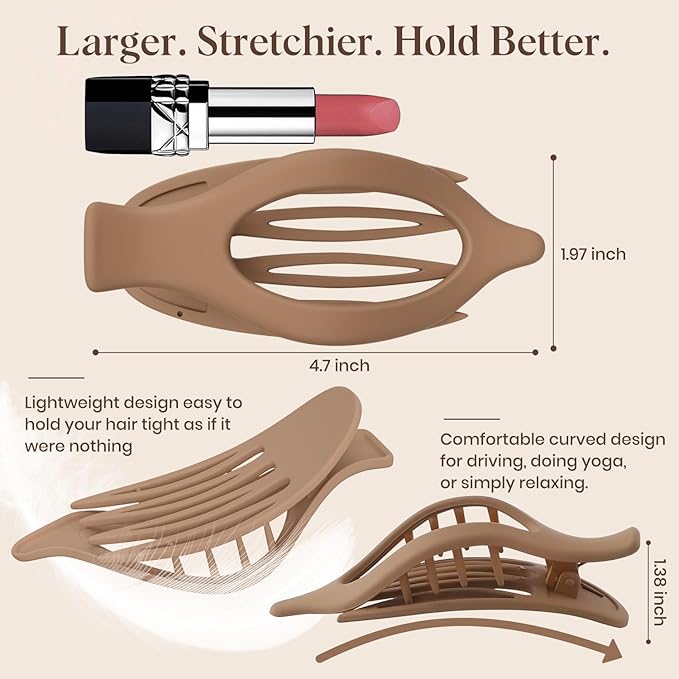 6 PCS Large Flat Hair Clips for Women Girls, French Concord Lay Down Flat Claw Clips for Thick Thin Hair, Comfortable Curved Hair Clip, Matte Non-slip Strong Hold Hair Accessories, Brown