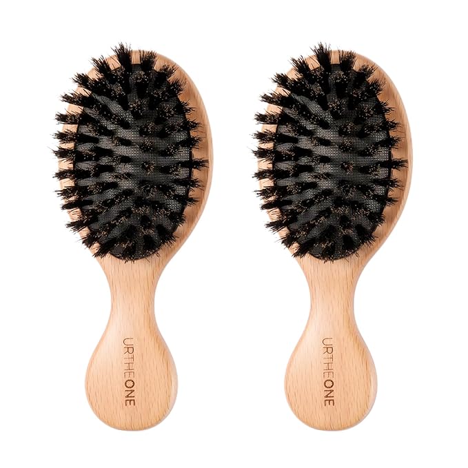 URTHEONE 2 Pack 100% Pure Boar Bristle Hair Brush - Mini Travel Size Wooden Brushes, for Natural Shine & Frizz Control, Portable Pocket Hairbrushes for Purse, Car, Office, Women Men Kids