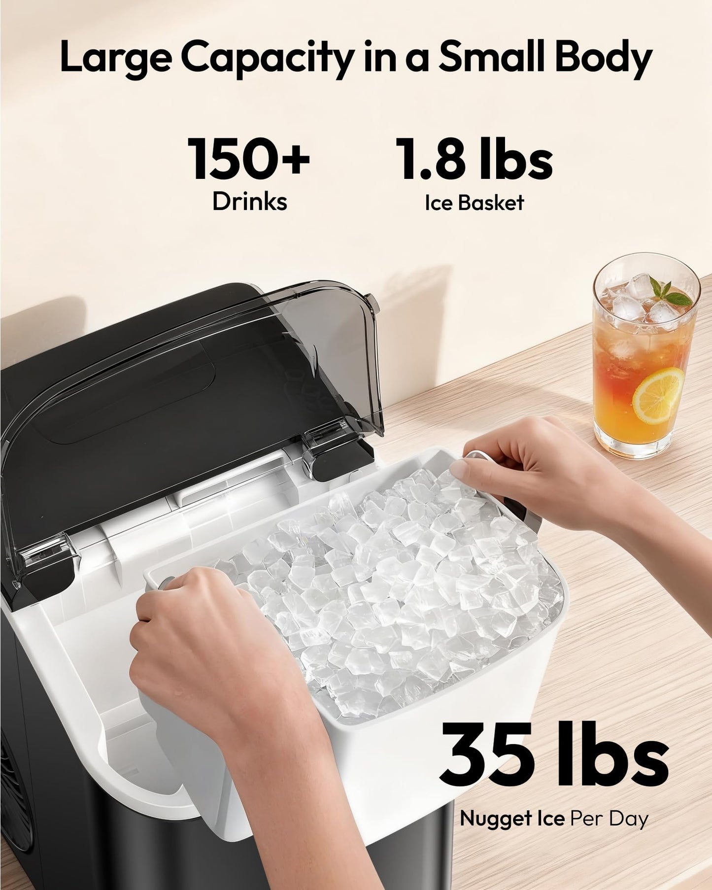 EUHOMY Nugget Ice Maker Countertop with Handle, Ready in 6 Mins, 35lbs Per Day, Removable Top Cover, Auto-Cleaning, Portable Sonic Ice Maker with Basket and Scoop, for Home/Party/RV/Camping