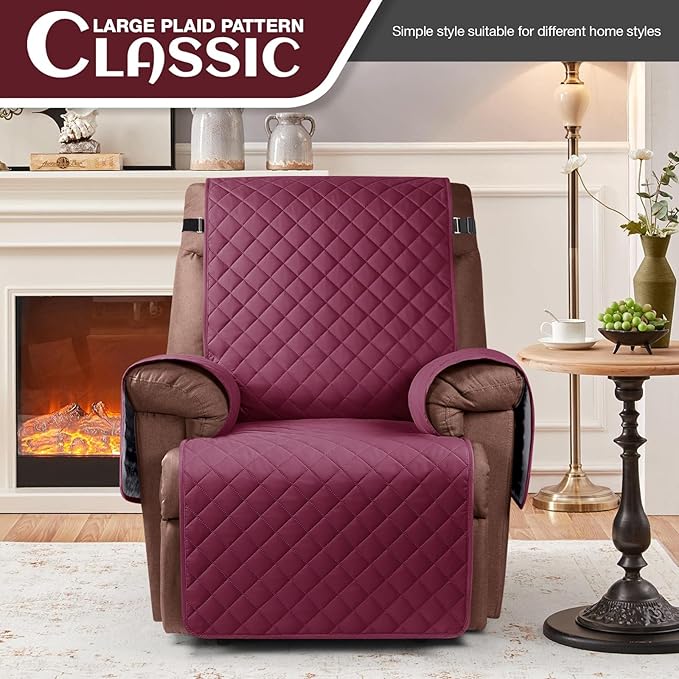 KinCam 100% Waterproof Recliner Chair Cover, Reclining Couch Covers for Pets, Dogs, Recliner Couch Slipcover Furniture Protector with Elastic Straps for Kids(23.6", Burgundy)