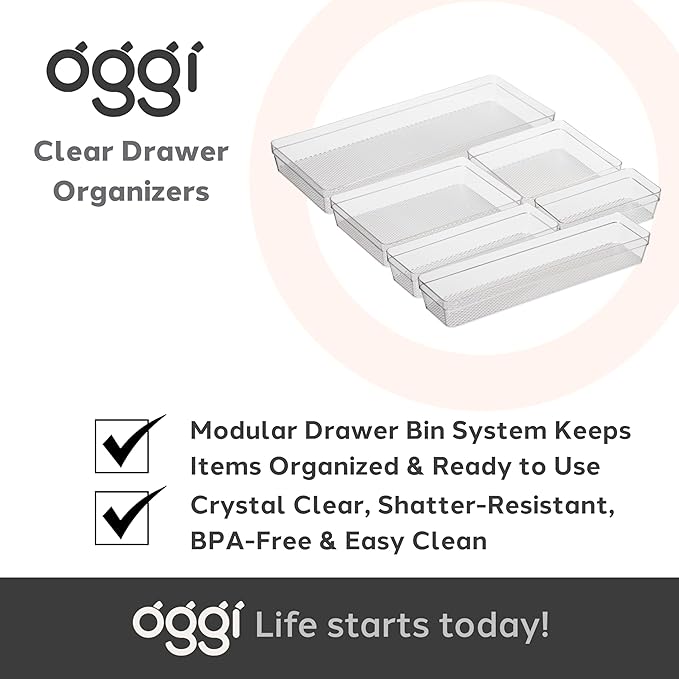 Oggi Clear Drawer Organizer - 6.25" X 15.75" - Ideal for Organizing Kitchen Drawers, Office, Desk, Silverware, Kitchen Utensils, Cosmetics and Bathrooms