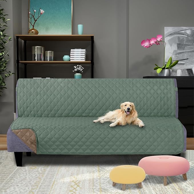 U-NICE HOME Futon Sofa Covers Reversible Sofa Slipcover Armless Cover Furniture Protector Couch Cover Water Resistant (Futon, Greyish Green/Taupe)