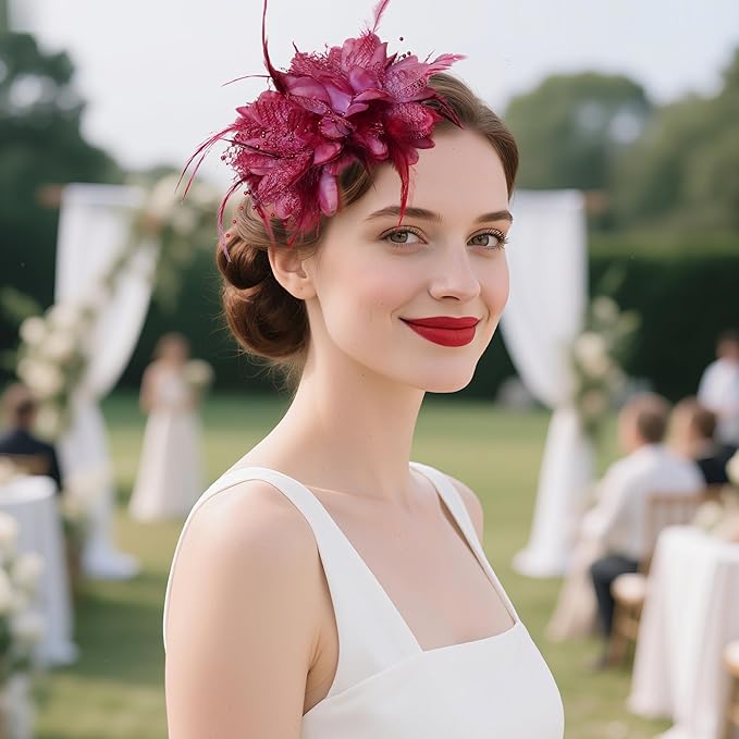 Womens Fascinators Hats Tea Party Hats for Women, Feather Pearl Veil Headband for Wedding Cocktail Dresses Accessories