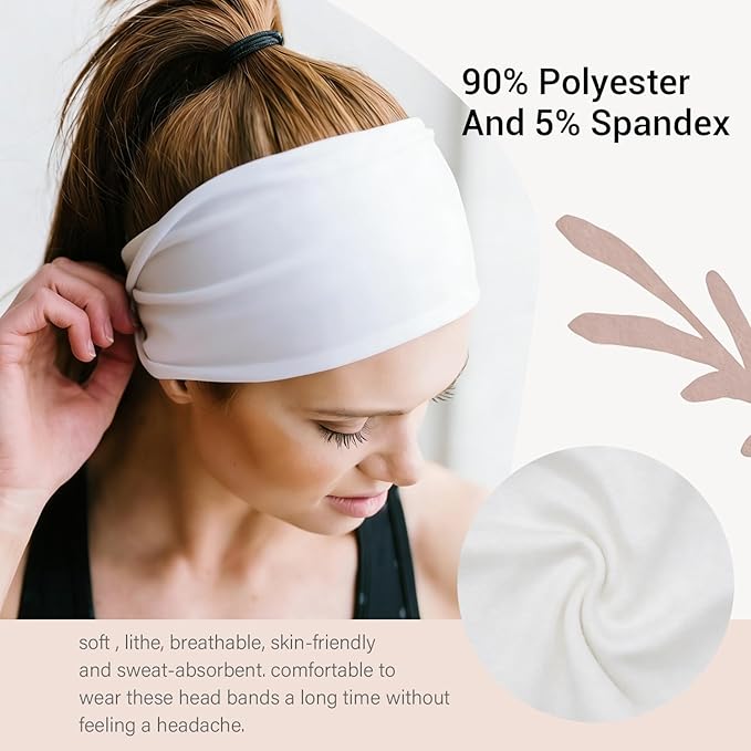 2 Pack White Wide Headbands for Women - Thick Stretchy Non Slip Fabric Sweat Bands, Soft Hair Bands for Workout, Running, Spa, Makeup & Washing Face