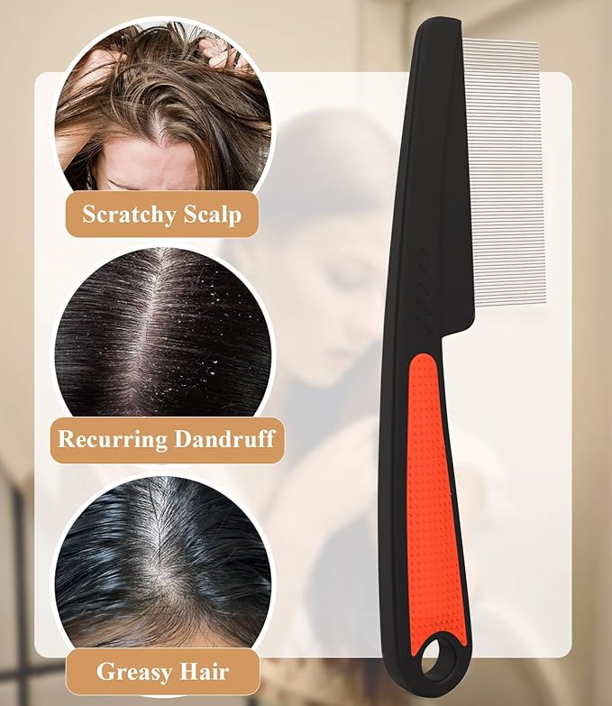 Dandruff Comb Fine Tooth Scalp Detox Comb Lice for Women, Men & Kids Stainless Steel Scalp Detoxing, Sweep & Massage Hair Brush Tool for Hair Care (1PC Red)
