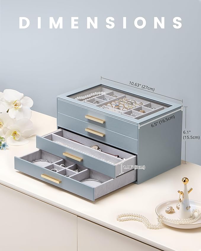 Lolalet Jewelry Box Organizer, 4-Layer Jewelry Organizers and Storage Case with Glass Lid, Ring Earring Bracelet Necklace Holder Organizer, Birthday Valentine Gifts for Women Girls -4Layer, HazeBlue