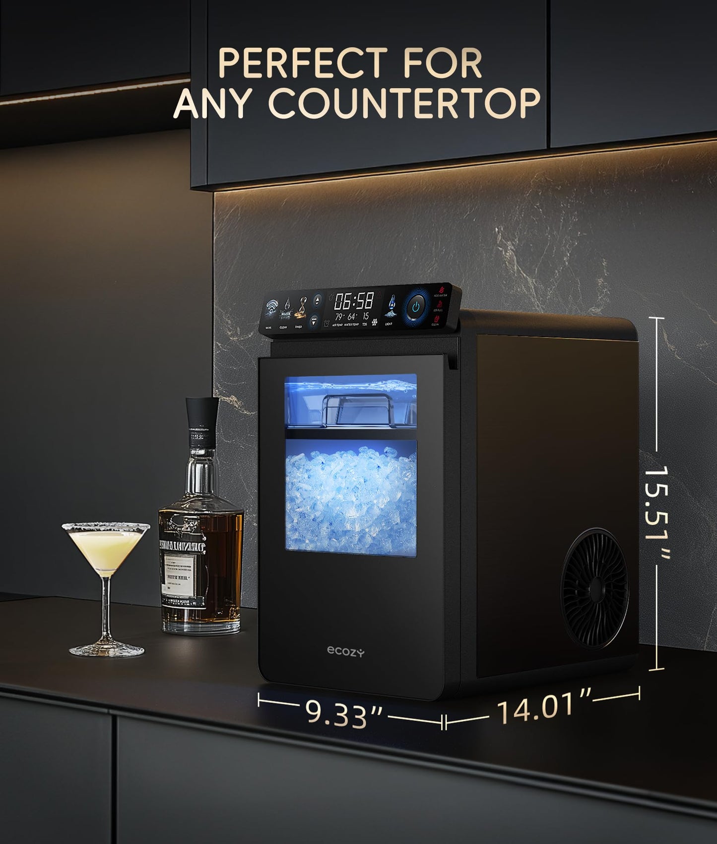 ecozy Nugget Ice Maker Countertop, Smart Pebble Ice Machine with APP Control, 44 lbs Per Day Soft Pellet Chewable Ice with Self-Cleaning, Black
