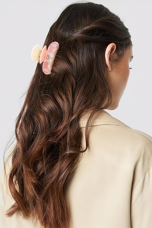 LILIE&WHITE Acrylic Bow Hair Clips For Women Pink Claw Clips With The Rhinestone Pattern In White Bow Hair Clip With Claw For Thick Hair Strong Hair Fix Claw Clips