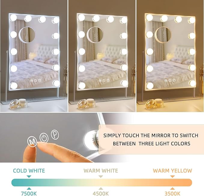FENCHILIN Lighted Makeup Mirror Hollywood Mirror Vanity Makeup Mirror with Light Smart Touch Control 3Colors Dimmable Light Detachable 10X Magnification 360°Rotation