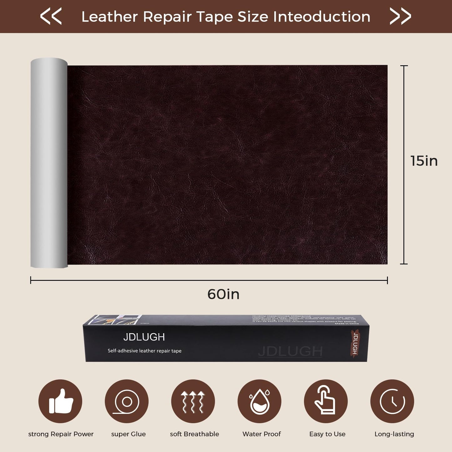 JDLUGH Sofa Leather Repair Patch Tape 15x60 Inch Large Self Adhesive Leather Sofa, Car Seat, Leather Furniture, Vinyl Repair Patch Kit (15x60 Inch, Brownish brown2.0)