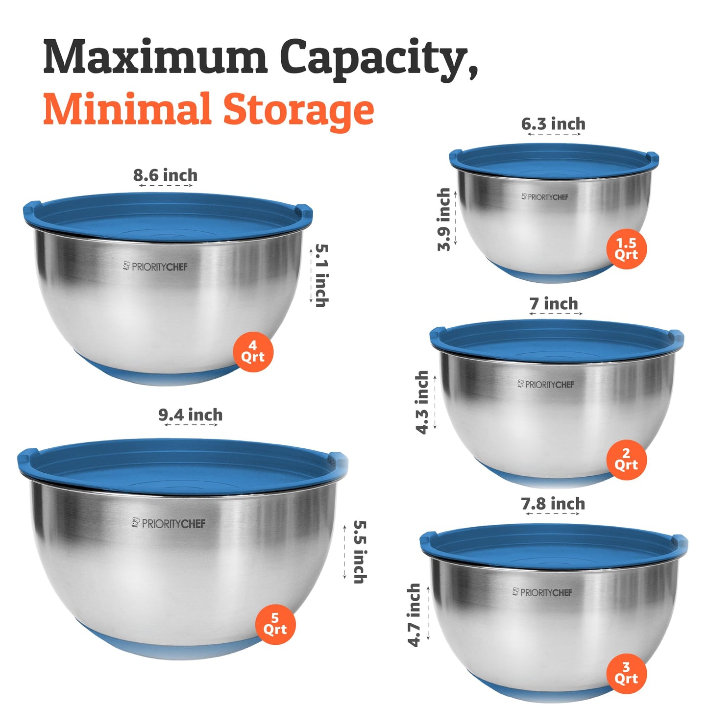 Priority Chef Premium Mixing Bowls With Airtight Lids Set, Thicker Stainless Steel Mixing Bowl Set, Large Prep Metal Bowls with Lids, Nesting Bowls for Kitchen, 1.5/2/3/4/5 Qrt, Blue