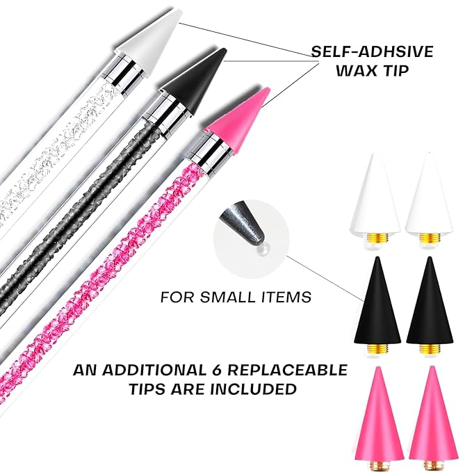 14 Pcs Rhinestone Picker Tool - 3 Pcs Dual-head Pens with 6 Wax Tips, Useful Clay, Precision Curved and Straight Tweezers Kit for Picking Up Nail Art Gems, Stones, Crystals, and Nail Charms