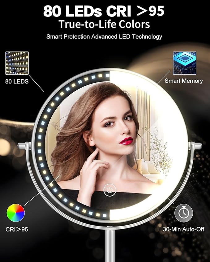 VFD 30X/1X Makeup Mirror with Lights, Height Adjustable Lighted Magnifying Vanity Mirror with 3 Lighting and Adjustable Brightness, 3000mAh Rechargeable Double Sided Switch for Desk Women Gift