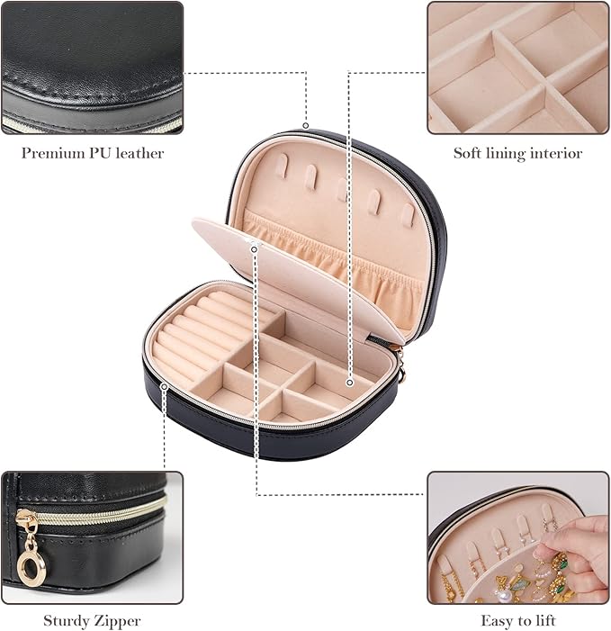 ProCase Travel Size Jewelry Box, Medium Portable Seashell-Shaped Jewelry Case, 2 Layer Jewelry Organizer in PU Leather for Women -Black