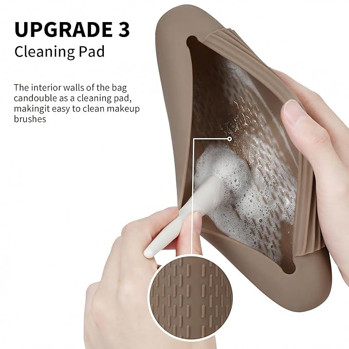 Silicone Makeup Brush Holder Travel Cosmetic Bag：Soft Portable Cosmetic Face Brushes Holder with Upgrade Anti-Fall Out Magnetic Closure, Large Travel Makeup Brush Case - Coffea