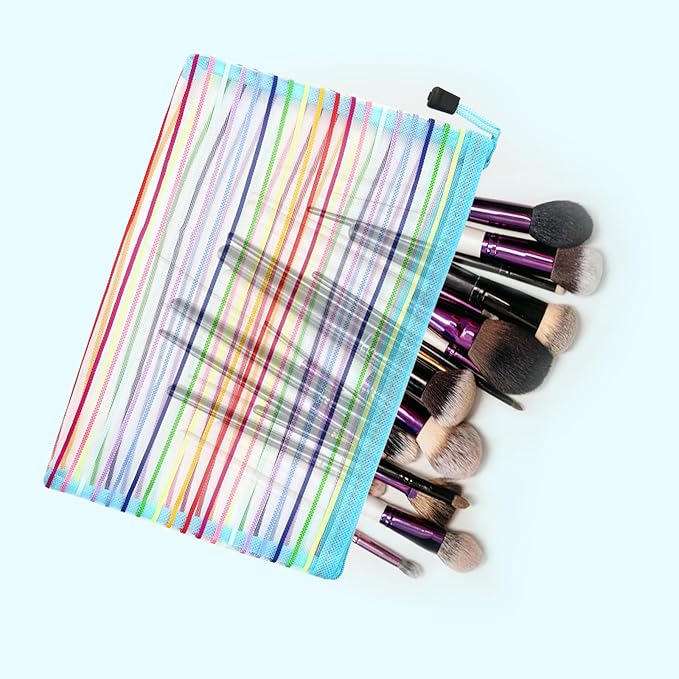 Mesh Bags with Zipper (6 Pack), Nylon Makeup Bag Cosmetic Pouches Travel Organizer Case for Purse Diaper Bag Home Organizing Striped Multi Size Blue