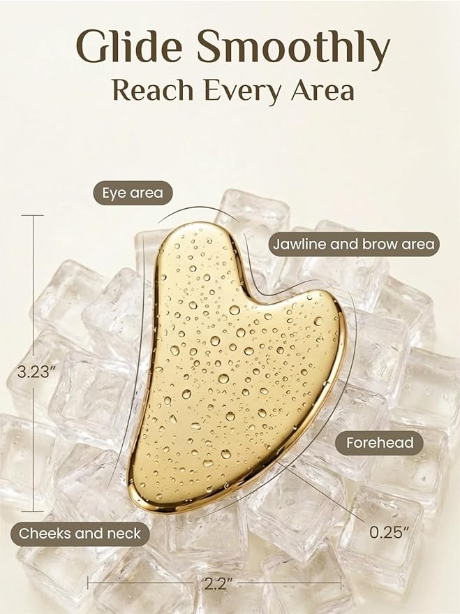 Rena Chris Gua Sha Facial Tools, Stainless Steel Guasha Tool for Acupuncture, Manual Massage Tool for Jawline Sculpting and Puffiness Reducing, Gua Sha Facial Massage Tool, Skin-Care Gift (Golden)