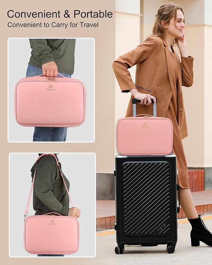 Chomeiu Makeup Bag with LED Mirror, Large Travel Cosmetic Train Case for Women, Makeup Artists Large Organizer Box with Vanity Light Up Mirror, 3 Color Lights, Adjustable Dividers (Pink)