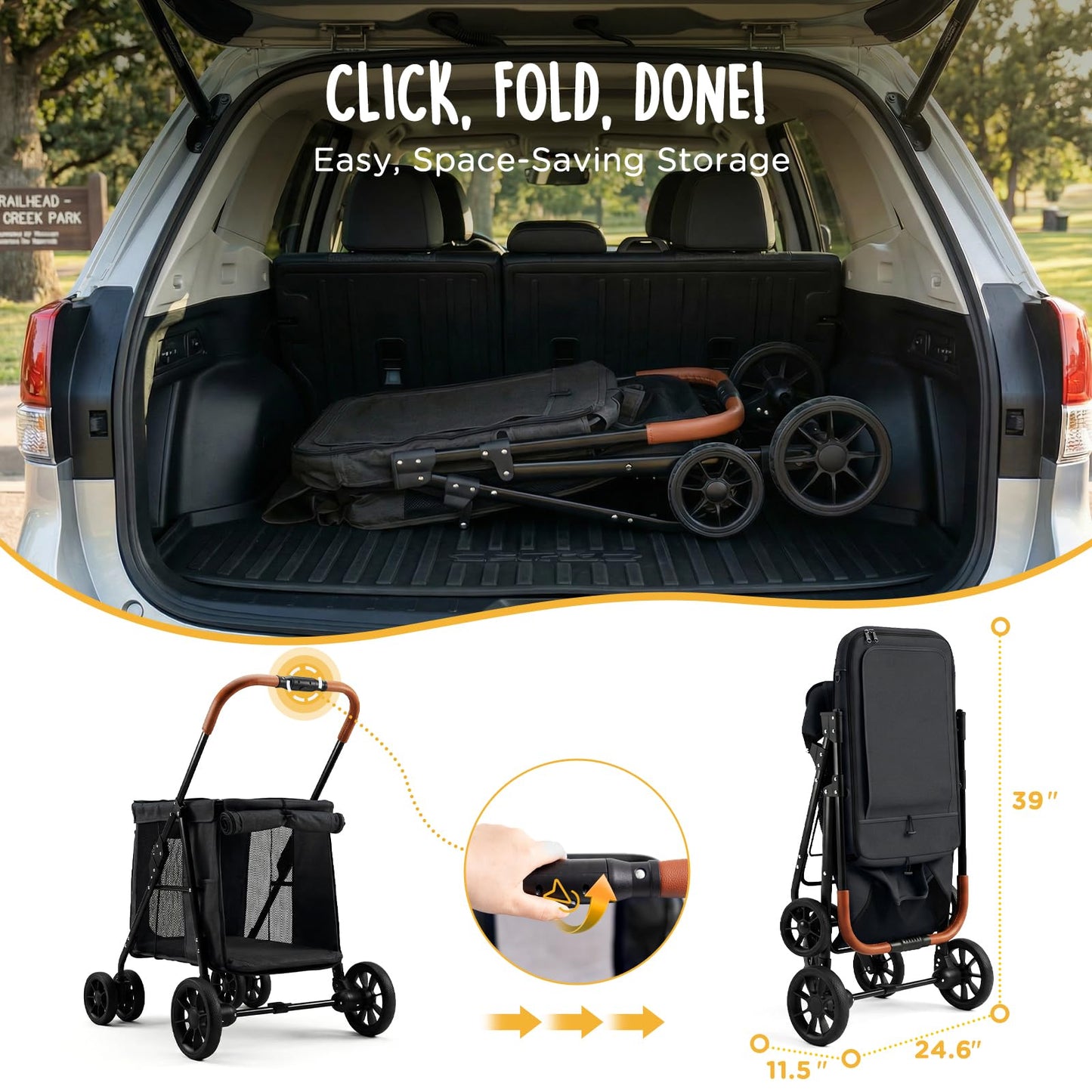 CANINE CANYON Scout Pet Stroller, Heavy Duty Dog Stroller for Large & Medium Dogs, Foldable Pet Stroller for 2 Small Dogs with All-Terrain Wheels, Storage Pocket & Cup Holder, 55 lbs Capacity, Black
