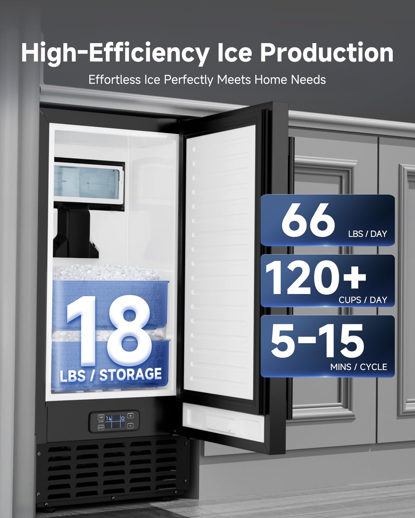 ICEVIVAL Under Counter Ice Machine, Ice Maker Machine 66 Lb/Day, Built-in Freestanding Nugget Ice Maker with 2-Drawer Ice Baskets, Auto-Cleaning & 24H Timer, Idea for Home Use (Black)
