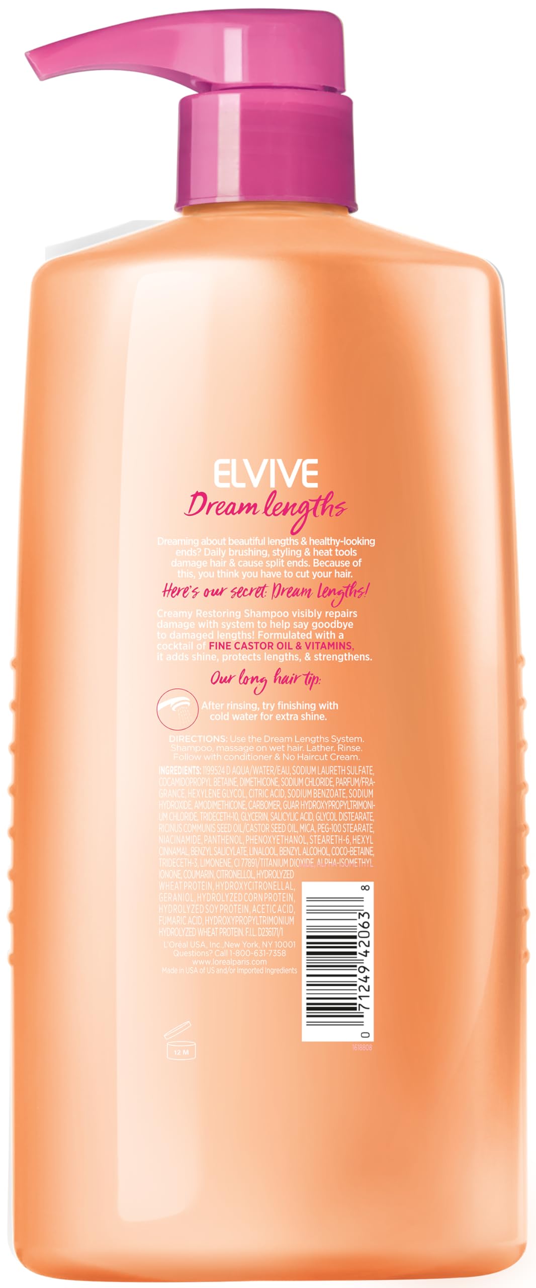 L'Oreal Paris Elvive Dream Lengths Restoring Shampoo With Fine Castor Oil and Vitamins B3 and B5 for Long, Damaged Hair, Visibly Repairs Damage Without Weighdown With System, 28 Fl Ounce (Pack of 2)