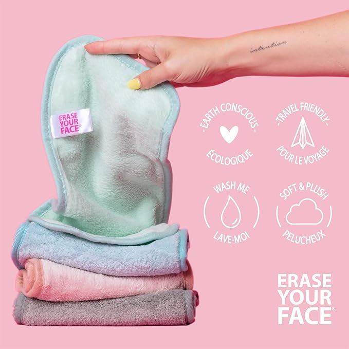 ERASE YOUR FACE Reusable Makeup Remover Cloths - Microfiber Face Towels to Cleanse & Remove Makeup - Water Activated for Sensitive Skin - Multi-Pastel (4 Count)