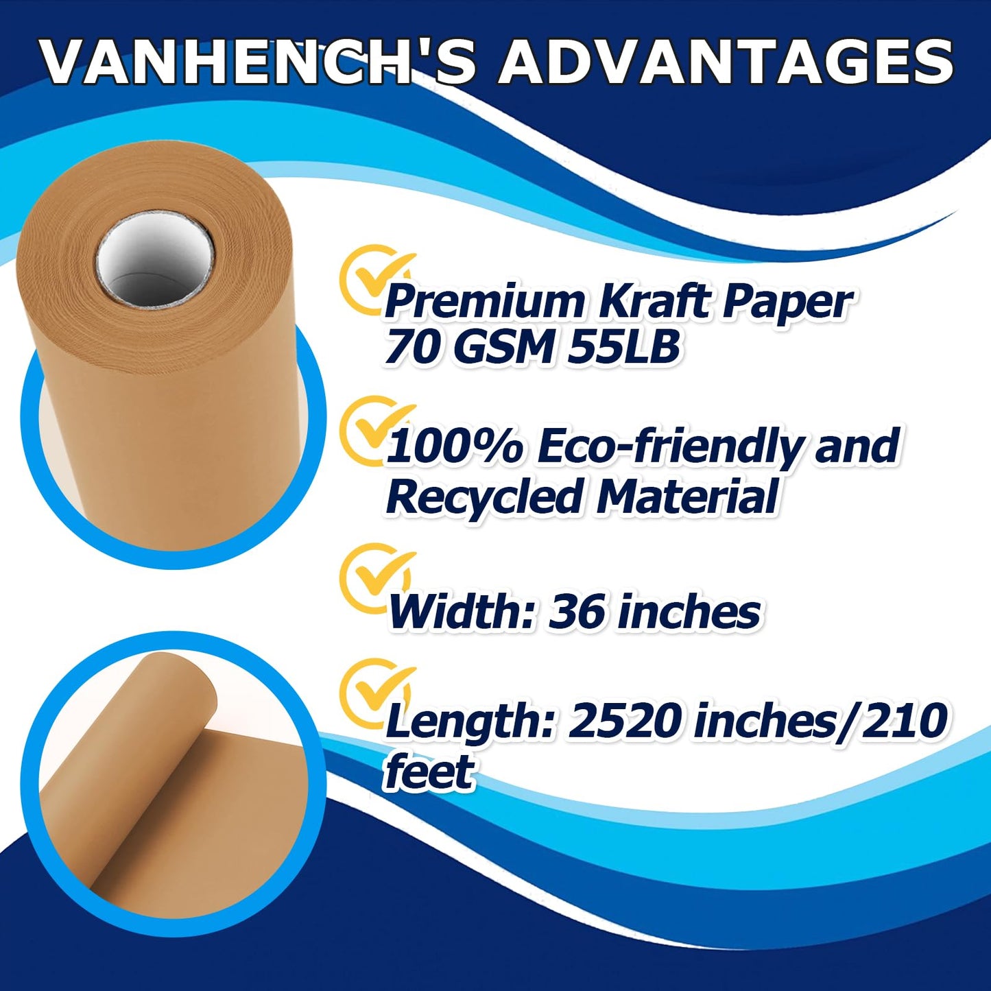 Vanhench 36"x 2520" (210') Brown Paper Roll for Bulletin Board Paper Craft Kraft Gift Wrapping Crafting Art Bouquet Flower Poster Shipping Packing Table Covering Moving Supplies, 70GSM 50LB
