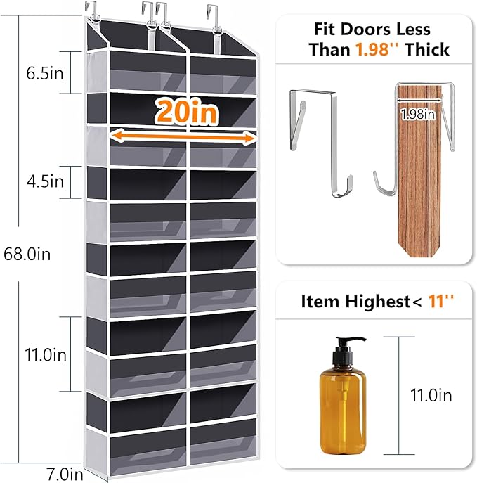 UVIAHOMI Heavy Duty Over The Door Organizer 6 Tiers, Extra Large Behind Door Storage of 12 Big Front & 12 Mesh Pockets, 80lb Weight Capacity, Hanging Doors Storage for Closet Bedroom Nursery, Gray