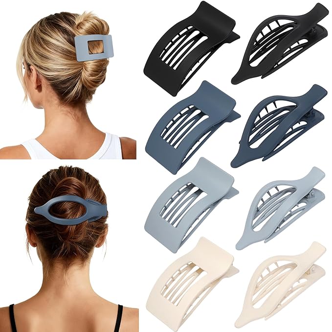 8Pcs French Flat Hair Clips for Women 2 Styles Claw Clips for Girls Matte Flat Hair Claw Clips for Thin and Thick Hair Large Non-slip Strong Hold Hair Accessories for Women (Blue)